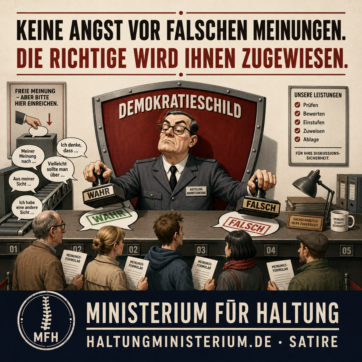 Satire über den Antrag für ein Demokratieschild und staatlich koordinierte Bewertung von Informationen