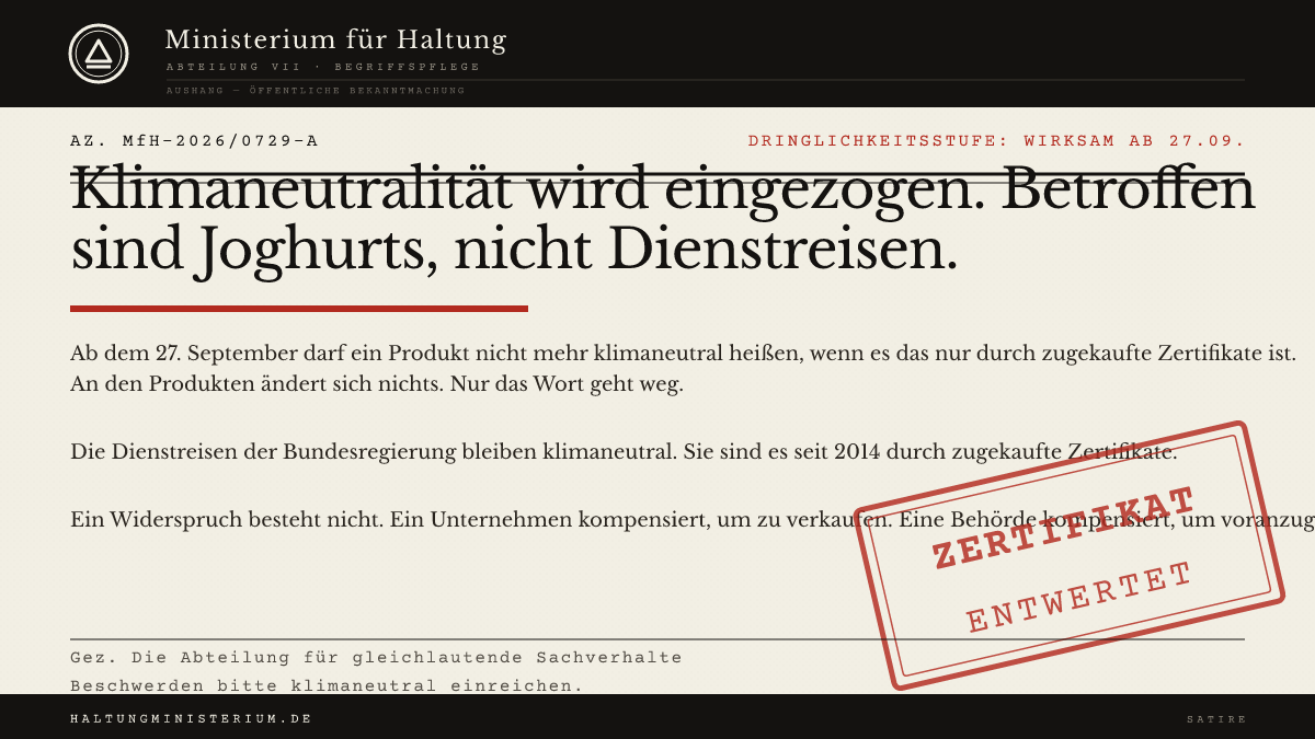 Satirischer Behördenaushang des Ministeriums für Haltung mit der Schlagzeile „Klimaneutralität wird eingezogen. Betroffen sind Joghurts, nicht Dienstreisen.“ und einem roten Stempel „Zertifikat entwertet“.
