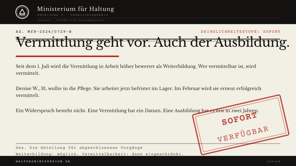 Satirischer Behördenaushang des Ministeriums für Haltung mit der Schlagzeile „Vermittlung geht vor. Auch der Ausbildung.“ und einem roten Stempel „Sofort verfügbar“.