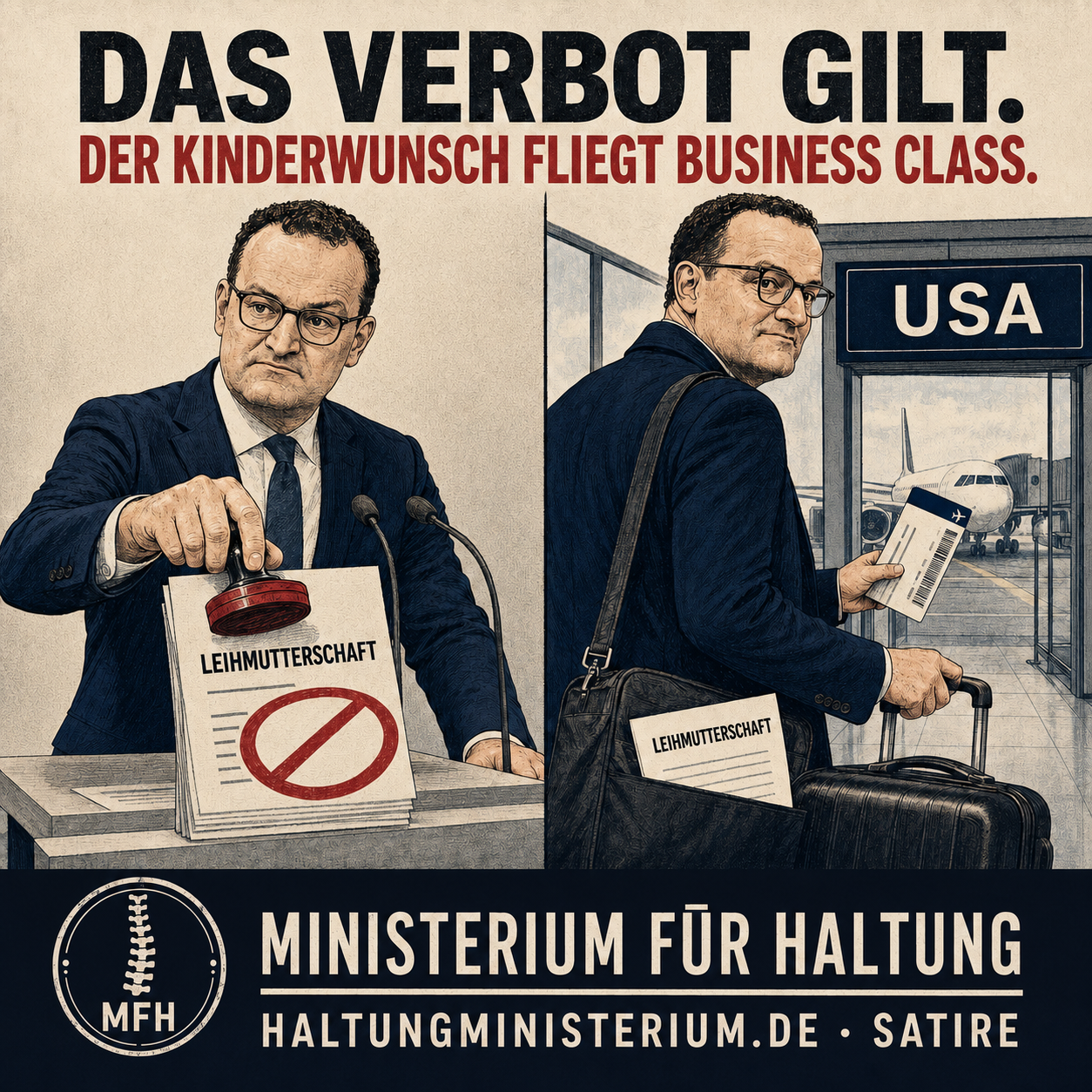 Satirische Illustration zur politischen Debatte um Jens Spahn und Leihmutterschaft