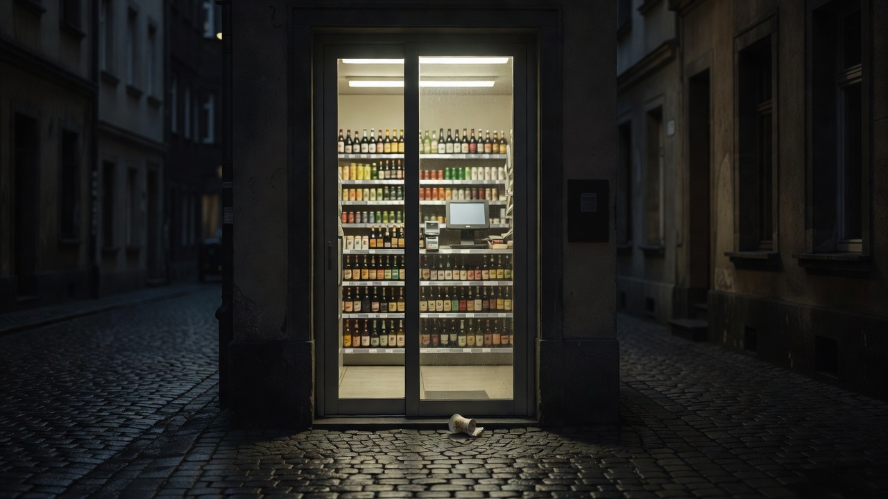 Satirischer Behördenaushang des Ministeriums für Haltung mit der Schlagzeile „Der Automat ruht jetzt mit“ und einem roten Stempel „Sonntag geschützt“.